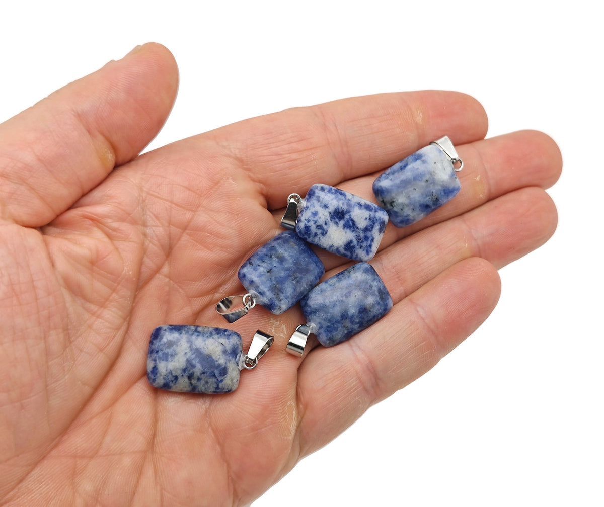 Sodalite rectangle-shaped crystal pendant from GemstoneGO, showcasing a deep blue gemstone with natural veining and polished finish.