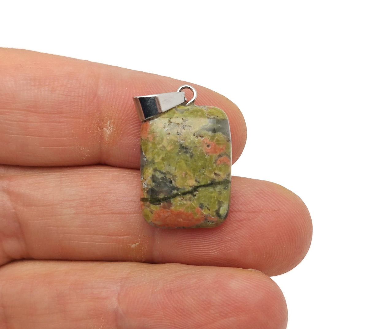 Unakite rectangle-shaped crystal pendant from GemstoneGO, showcasing vibrant green and pink hues, ideal for jewelry making.