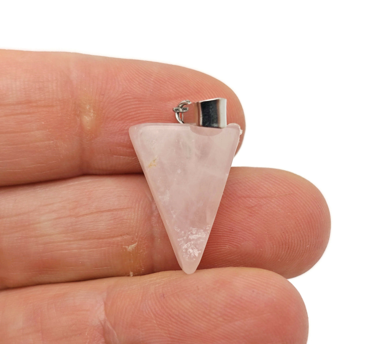 Rose quartz triangle crystal pendant by GemstoneGO, showcasing a polished pink gemstone with a silver bail for jewelry making.