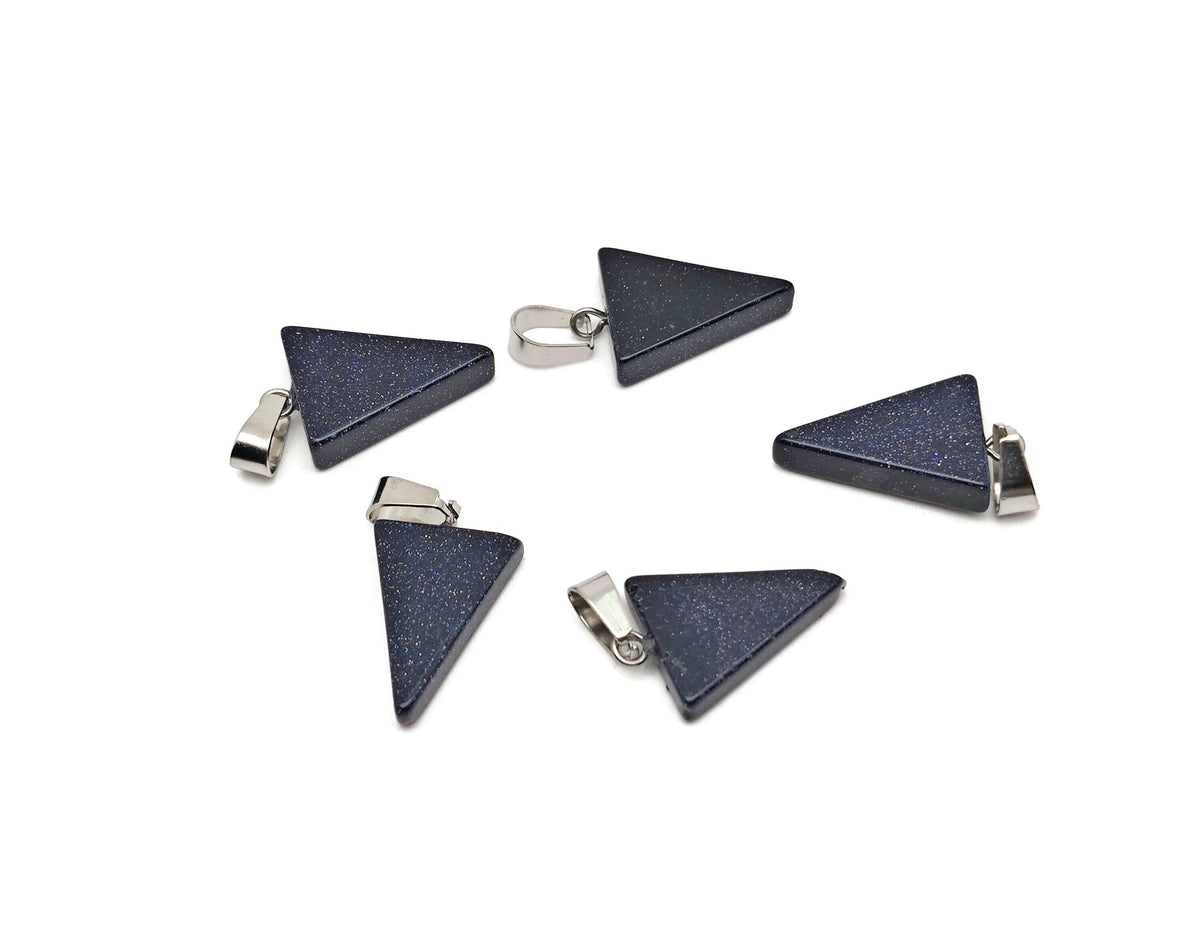 Blue Goldstone triangle-shaped crystal pendant from GemstoneGO, showcasing a sparkling blue and gold-streaked gemstone necklace.
