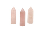 Rose Quartz obelisk tower crystal, 40mm gemstone with pink hue, from GemstoneGO, showcasing smooth polished surface and natural veining.