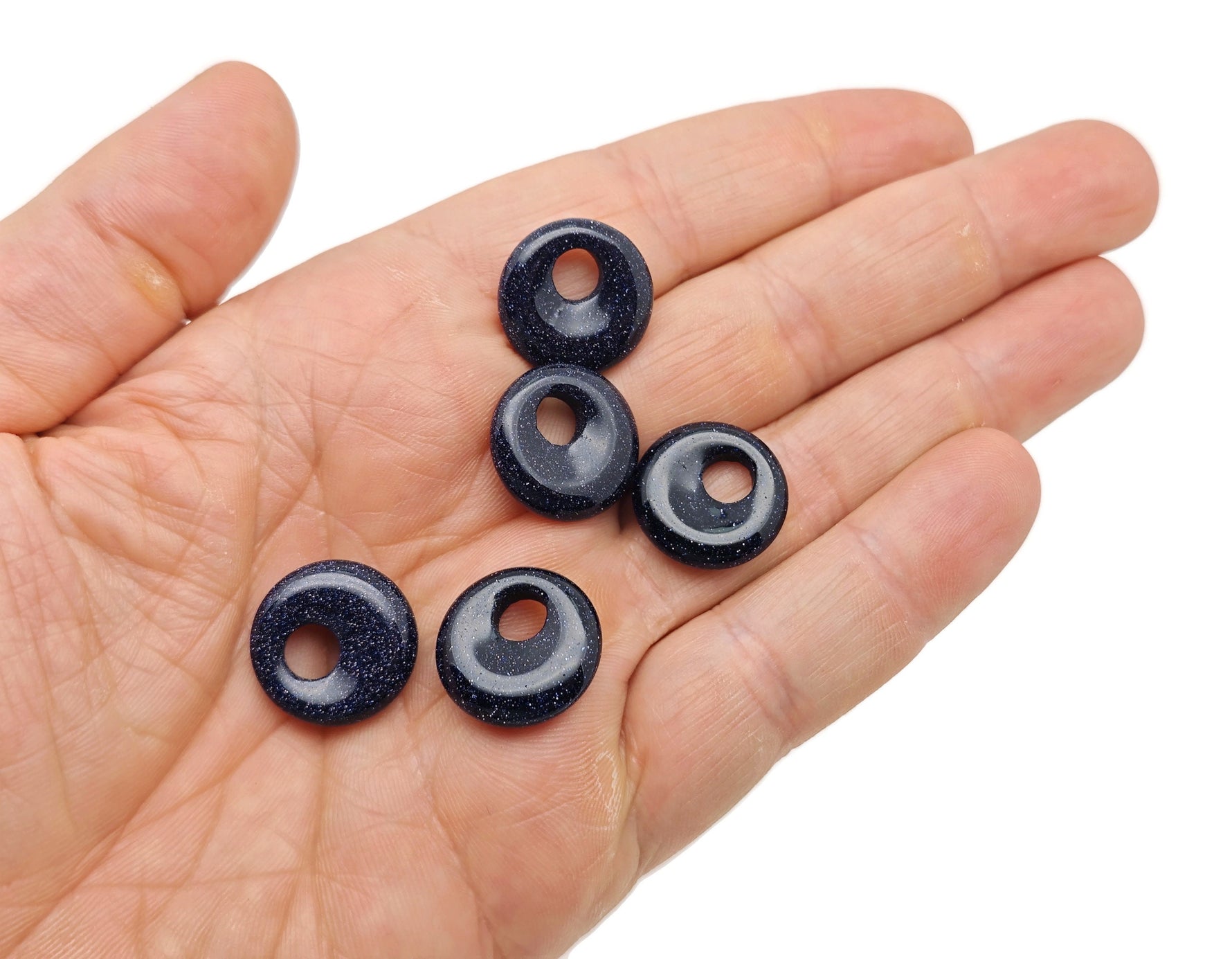 Blue Goldstone crystal donut pendant, 18mm Pi stone with shimmering blue and gold specks, from GemstoneGO.