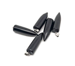 Polished obsidian bullet gemstone pendant with carved details, featuring a sleek black finish and smooth, rounded shape.