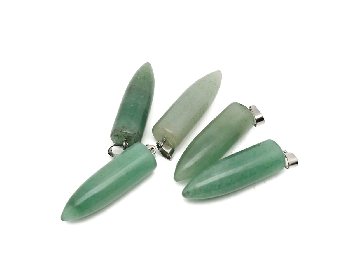 Polished aventurine bullet gemstone pendant with carved details, featuring a smooth, rounded shape and natural green color.