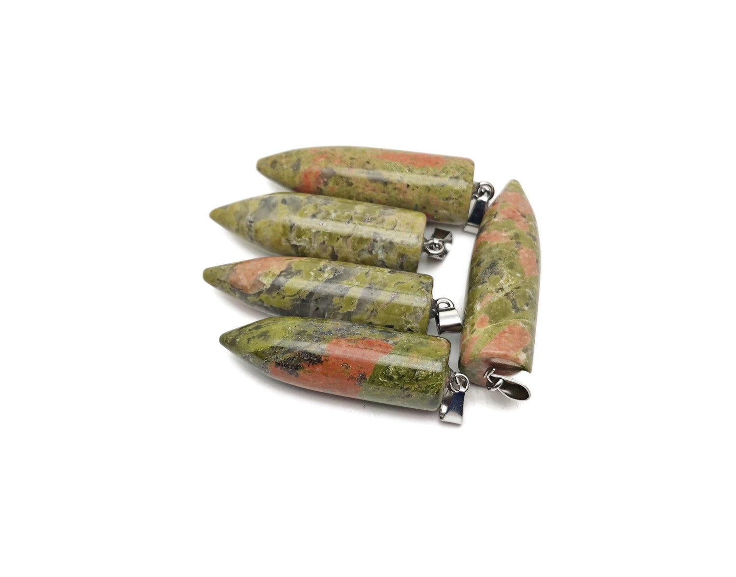 Polished unakite bullet gemstone pendant with carved details, showcasing vibrant green and pink hues, by GemstoneGO.