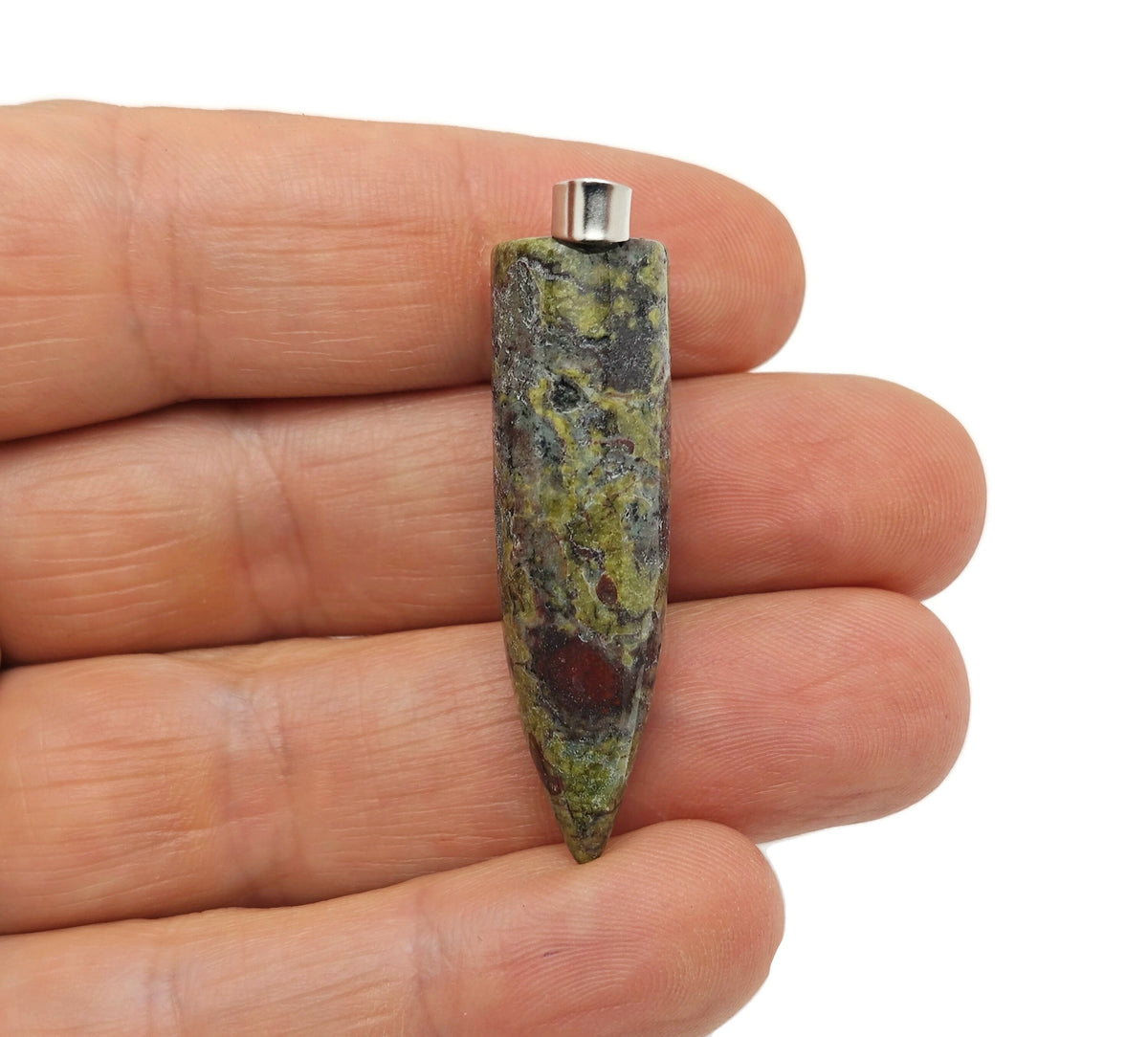 Polished Dragon Blood Jasper bullet gemstone pendant with carved details, featuring vibrant red and brown hues, from GemstoneGO.