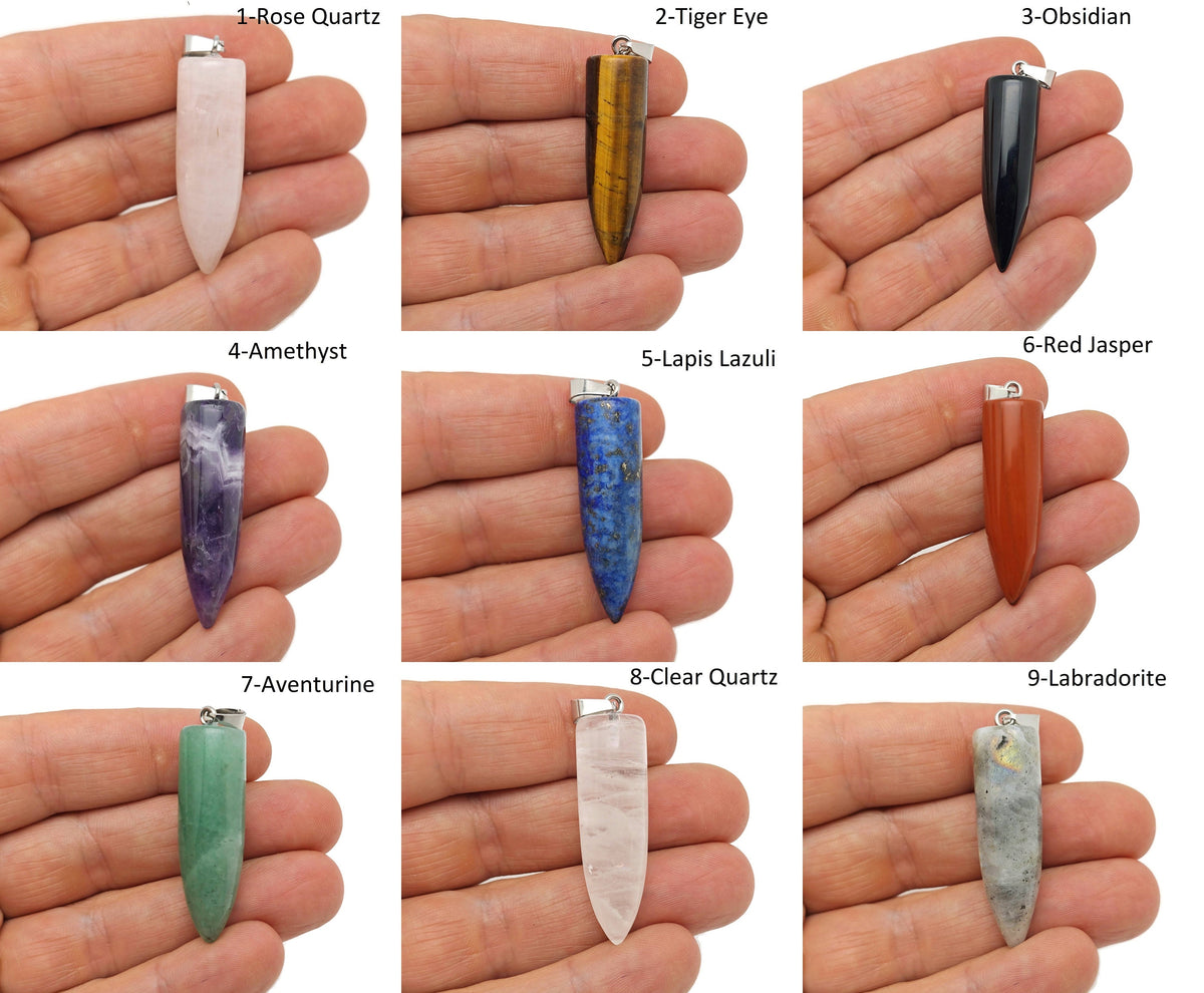 Polished bullet-shaped gemstone pendant from GemstoneGO featuring carved crystal healing mineral, in a mix of vibrant gemstone colors.