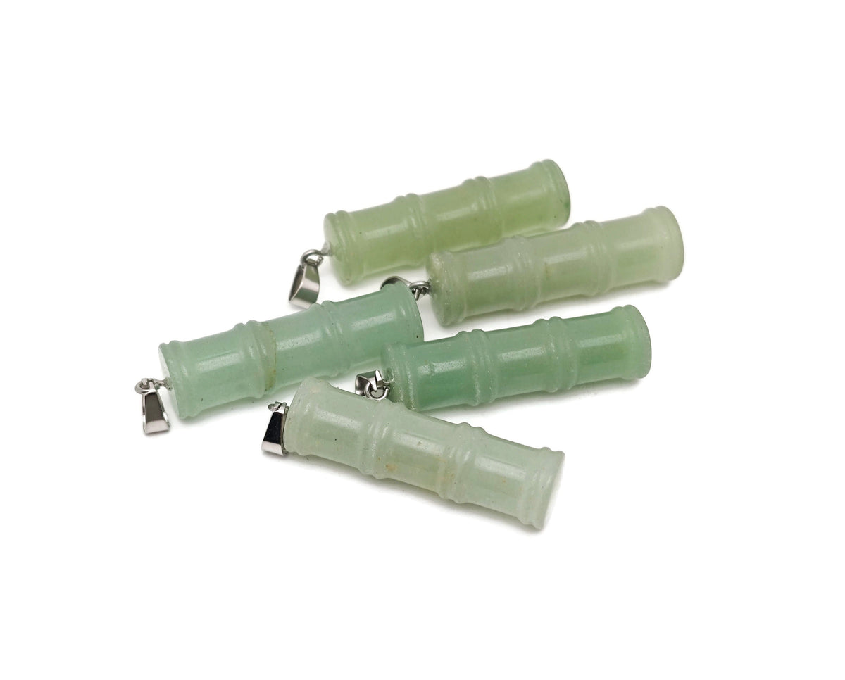 Aventurine bamboo-shaped crystal pendant from GemstoneGO, featuring a protective aventurine crystal on a silver chain.