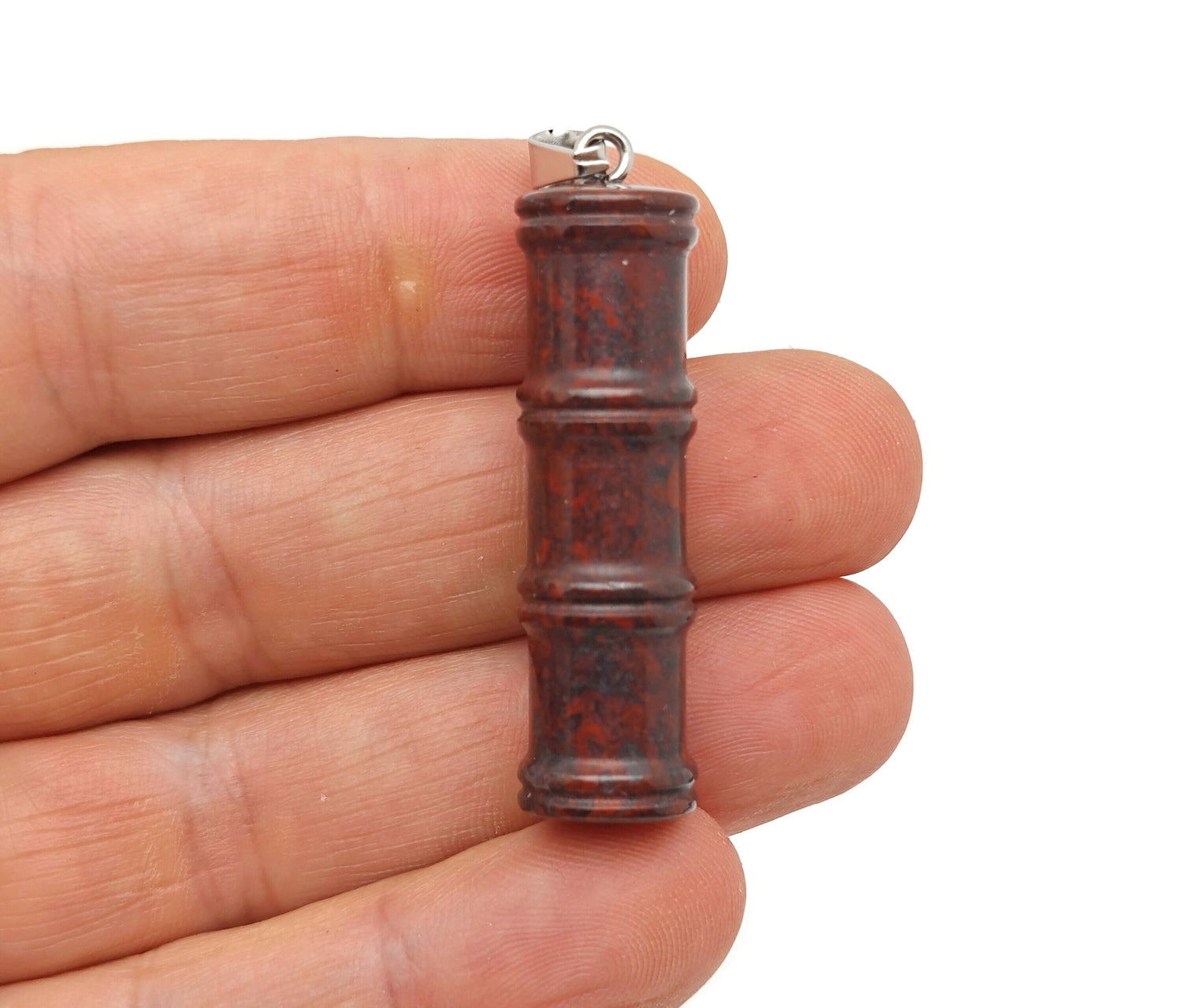 Chicken Bloodstone Jasper bamboo-shaped crystal pendant from GemstoneGO, featuring deep red bloodstone with natural stone details.