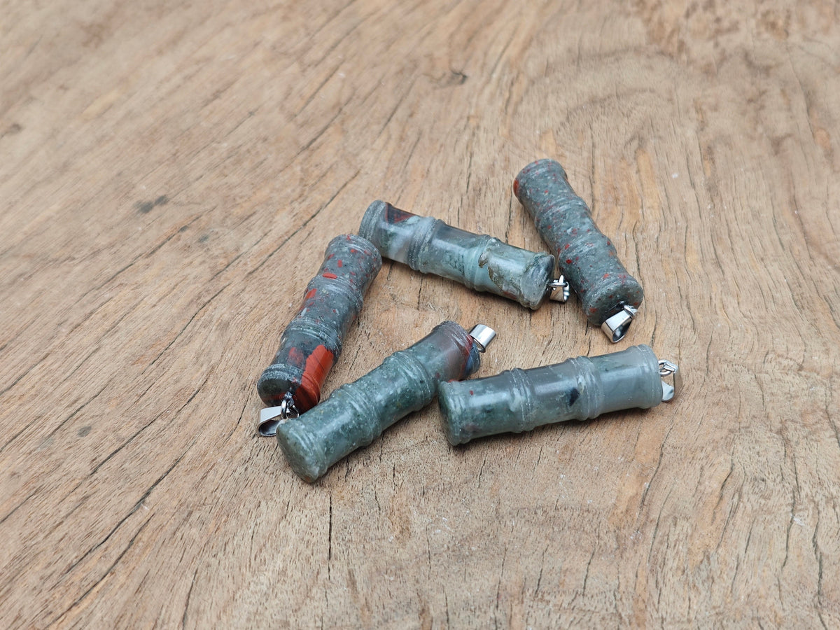 African Bloodstone bamboo-shaped crystal pendant with protective gemstone, featuring a natural bloodstone design by GemstoneGO.
