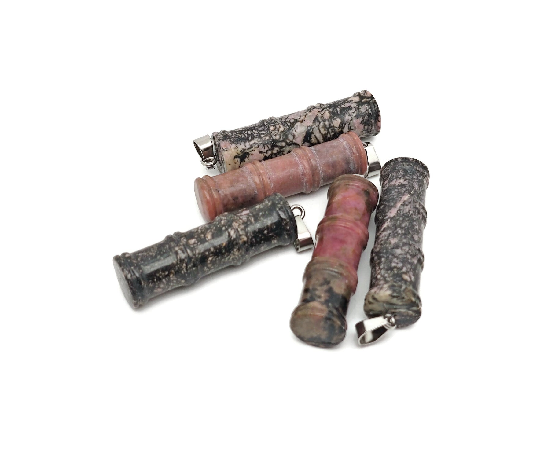 Rhodonite bamboo-shaped crystal pendant from GemstoneGO featuring a protective healing crystal accessory.