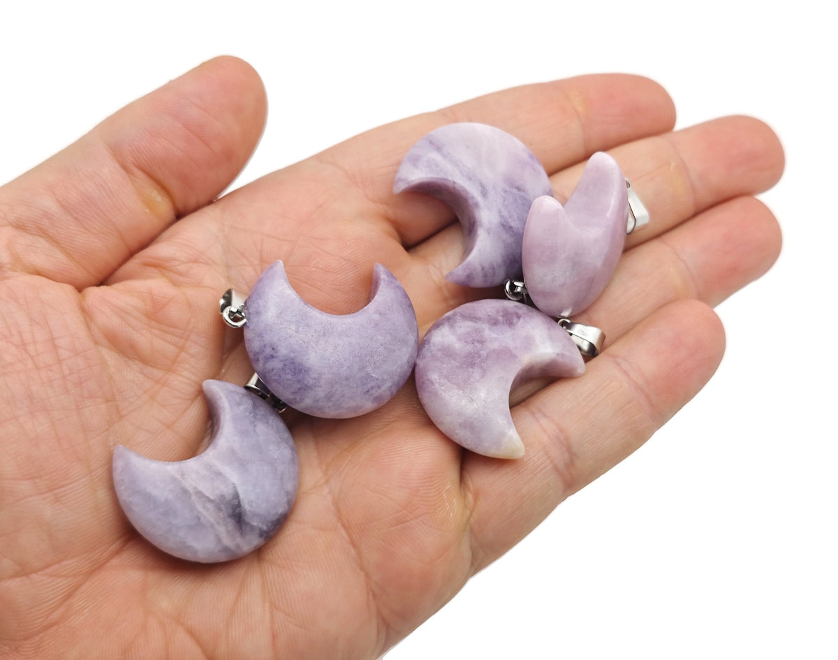 Moon crystal pendant from GemstoneGO, 30mm, wholesale jewelry making supplies, featuring a round moon-shaped gemstone in mixed colors.