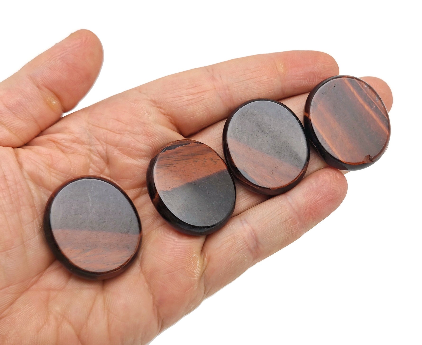 Red Tiger Eye flat gemstone slab, 35x30mm, showcasing smooth polished surface and rich reddish-brown color with natural patterns.