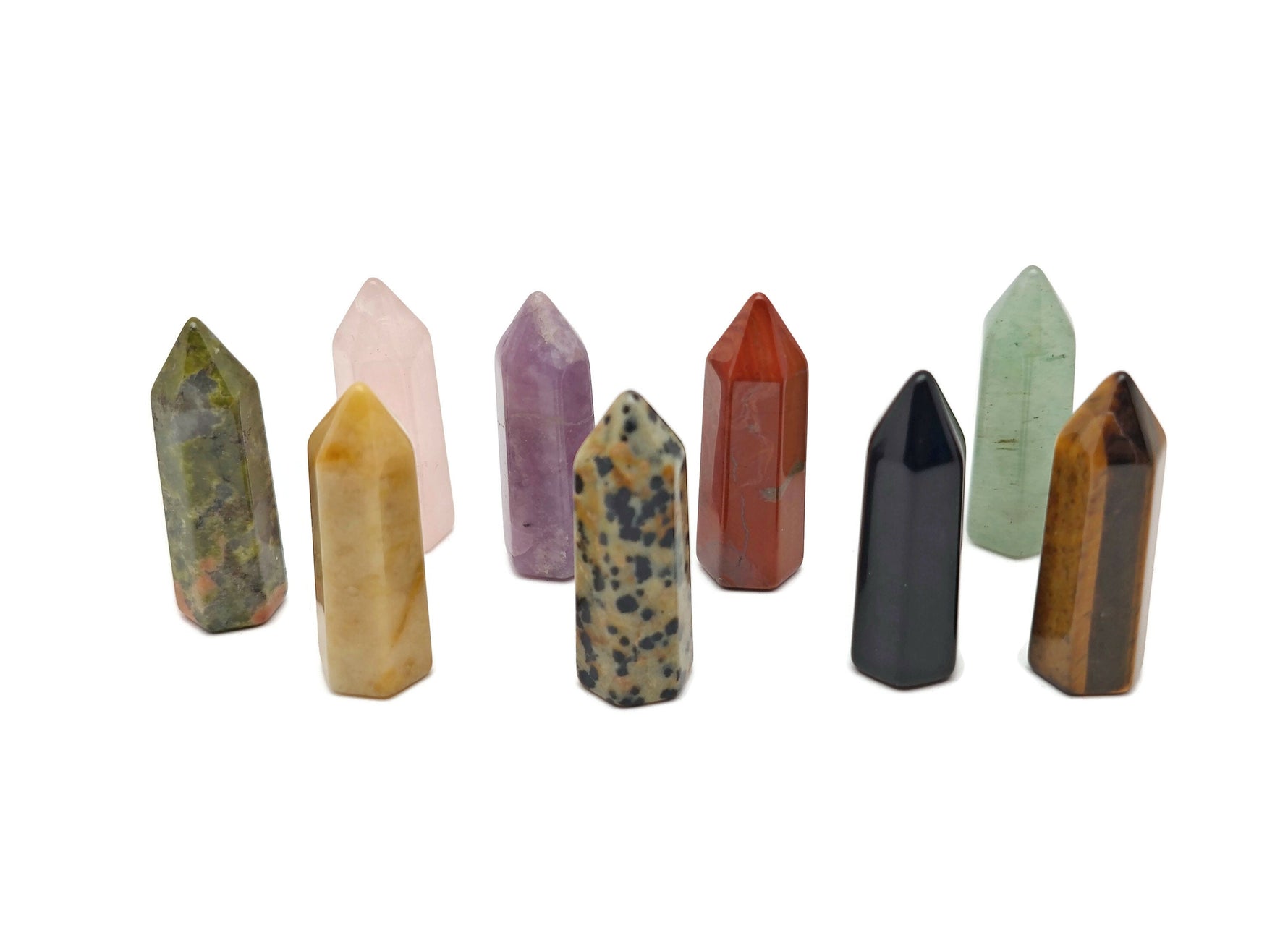MIX Obelisk Tower Crystal by GemstoneGO, 40mm healing decor with a polished gemstone obelisk shape on a white background.