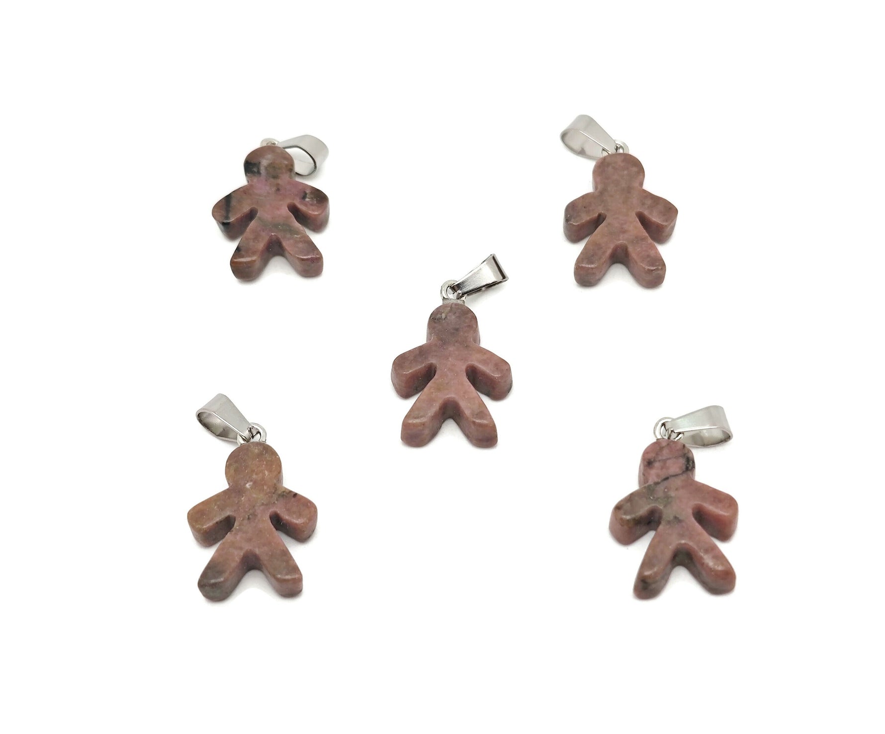 Rhodonite gingerbread cookies men crystal pendant from GemstoneGO, featuring mineral specimen with pink and black hues.