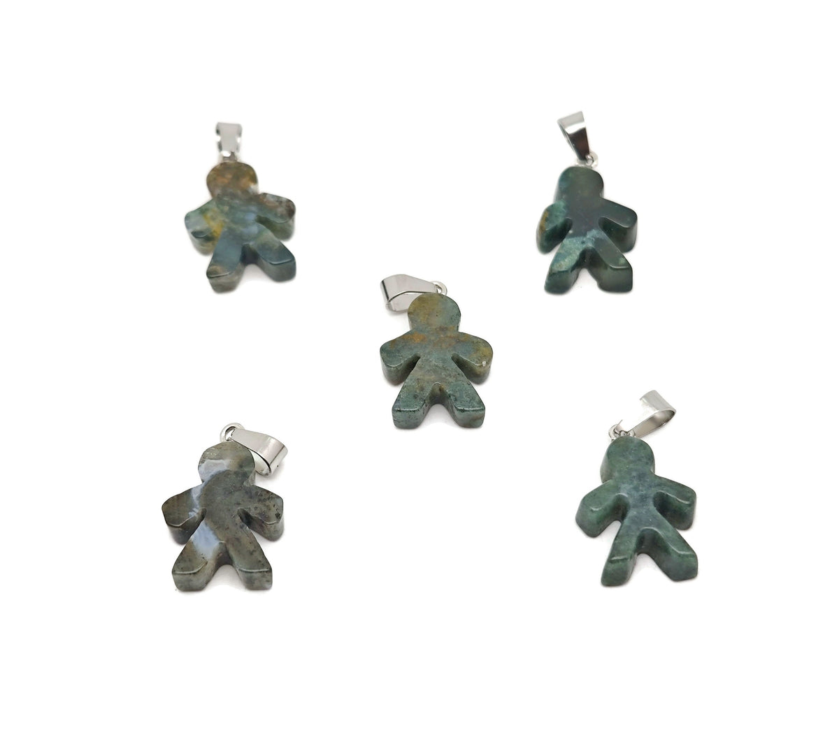 Moos Agate gingerbread cookie-shaped crystal pendant from GemstoneGO featuring mineral specimen with earthy tones and detailed design.
