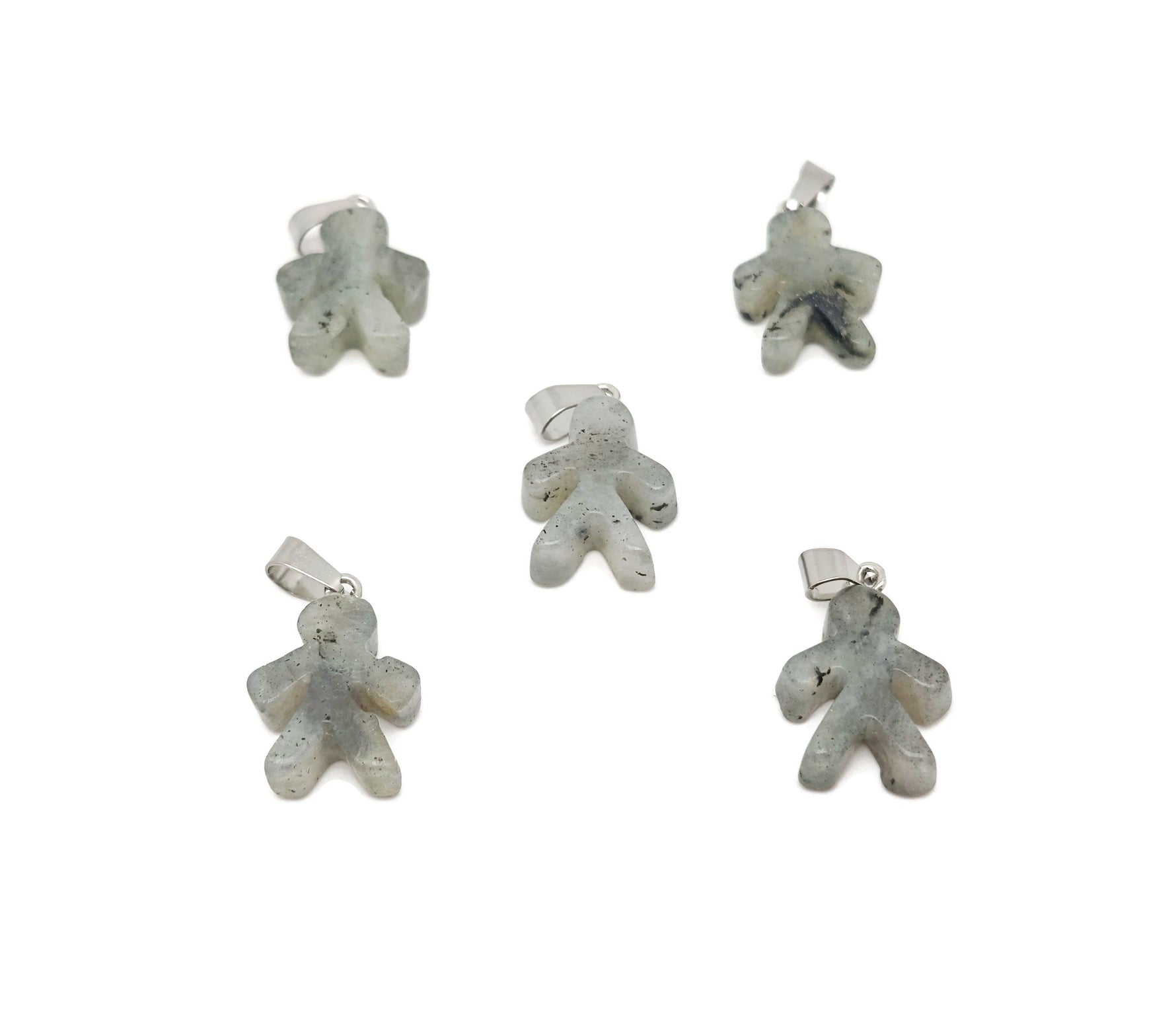 Labradorite gingerbread man crystal pendant from GemstoneGO featuring mineral specimen and intricate gemstone details.