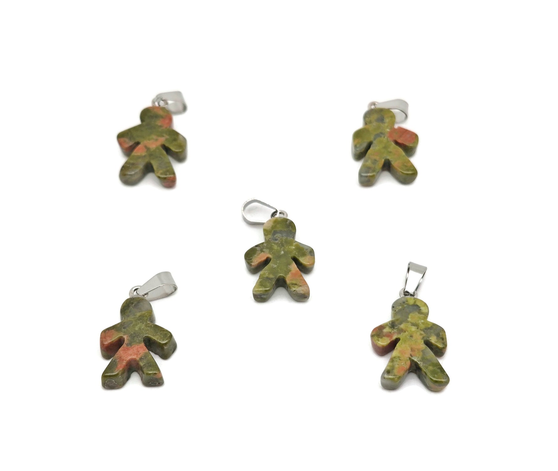 Unakite gingerbread man crystal pendant from GemstoneGO, featuring detailed mineral specimen design and vibrant pink-green color.