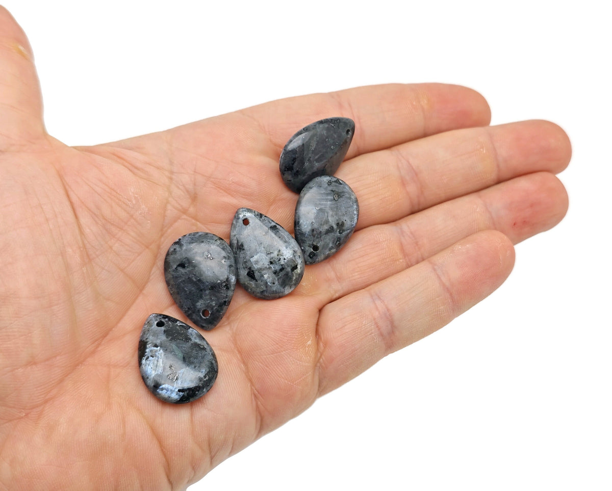 Larvikite dainty drop crystal pendant for DIY jewelry making, featuring a polished gemstone with natural gray and blue hues.