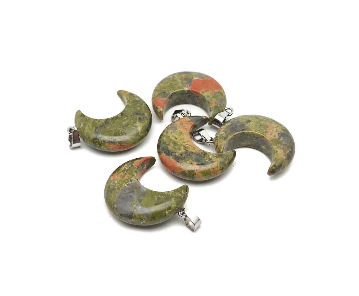 Unakite moon gemstone pendant featuring a crescent moon shape, crafted by GemstoneGO, with vibrant green and pink hues.