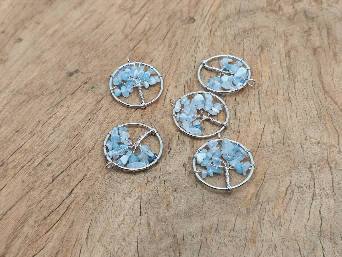Aquamarine Tree of Life gemstone pendant from GemstoneGO, featuring intricate design and vibrant blue aquamarine gemstones.