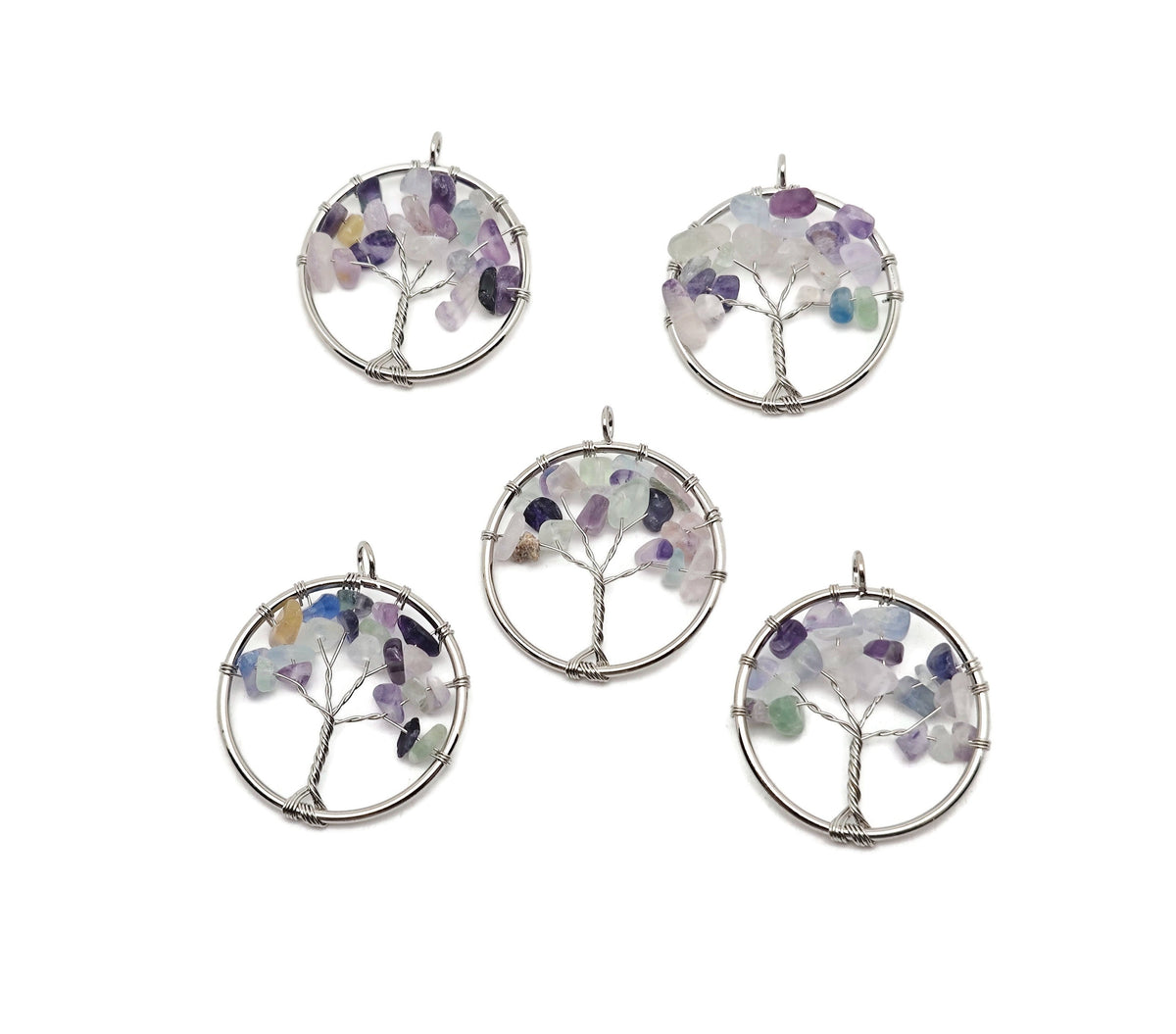 Fluorite Tree of Life gemstone pendant with colorful crystals, crafted by GemstoneGO, showcasing intricate wire wrapping and vibrant stones.