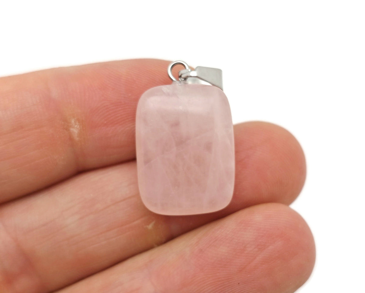 Rose quartz rectangle pendant from GemstoneGO featuring a smooth, polished gemstone crystal for jewelry making or adornment.