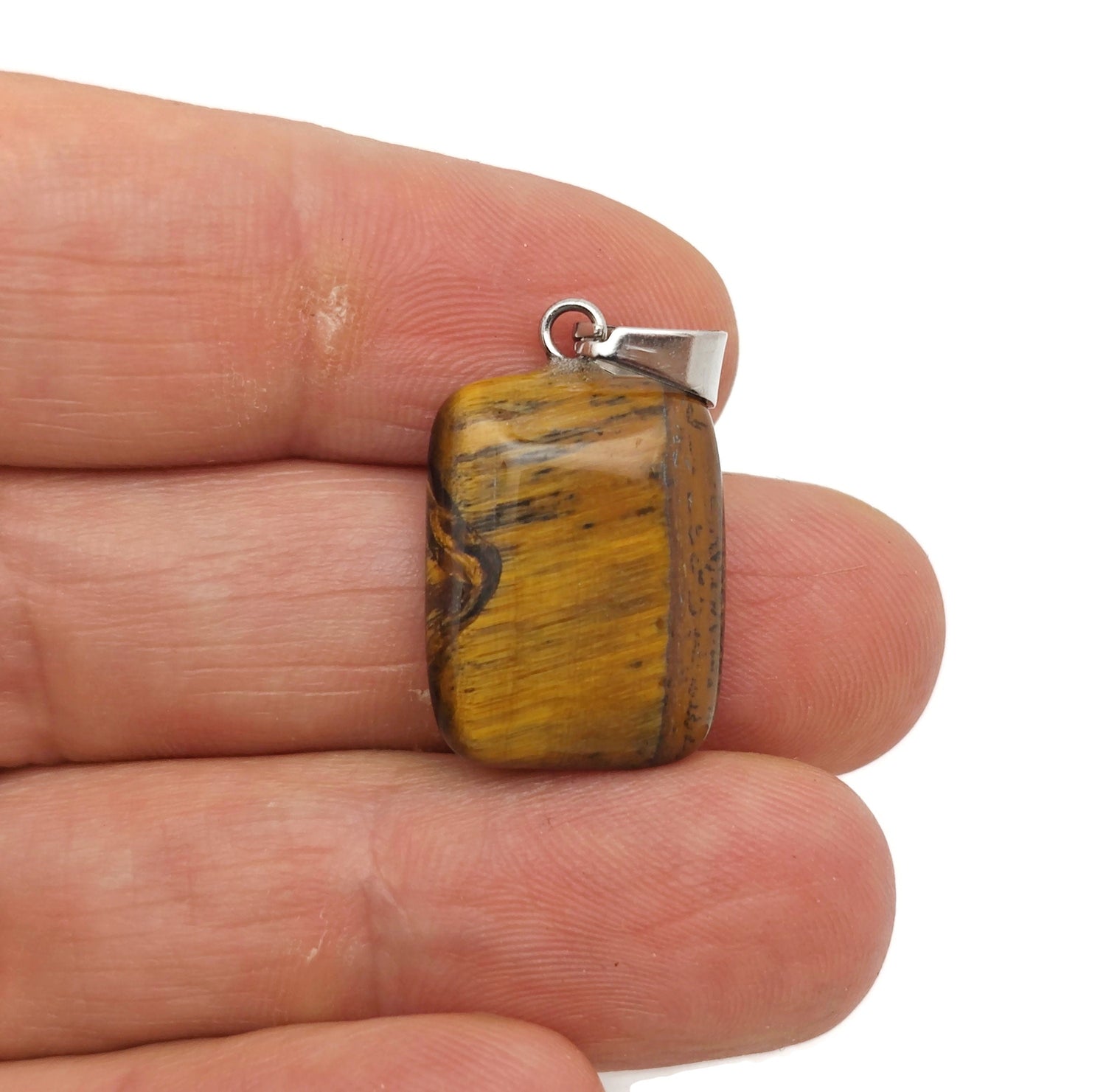 Tiger Eye rectangle-shaped crystal pendant from GemstoneGO, showcasing a polished gemstone with rich golden-brown hues.