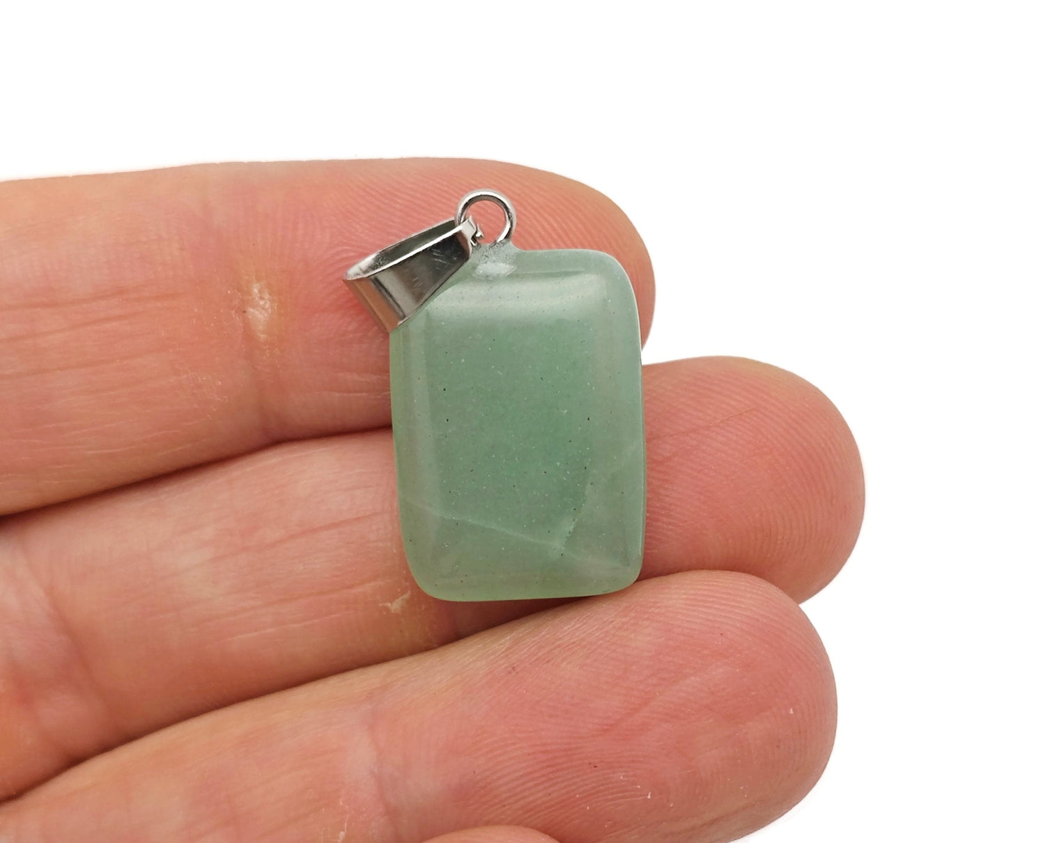 A rectangular aventurine crystal pendant from GemstoneGO, showcasing a polished green gemstone with natural inclusions.