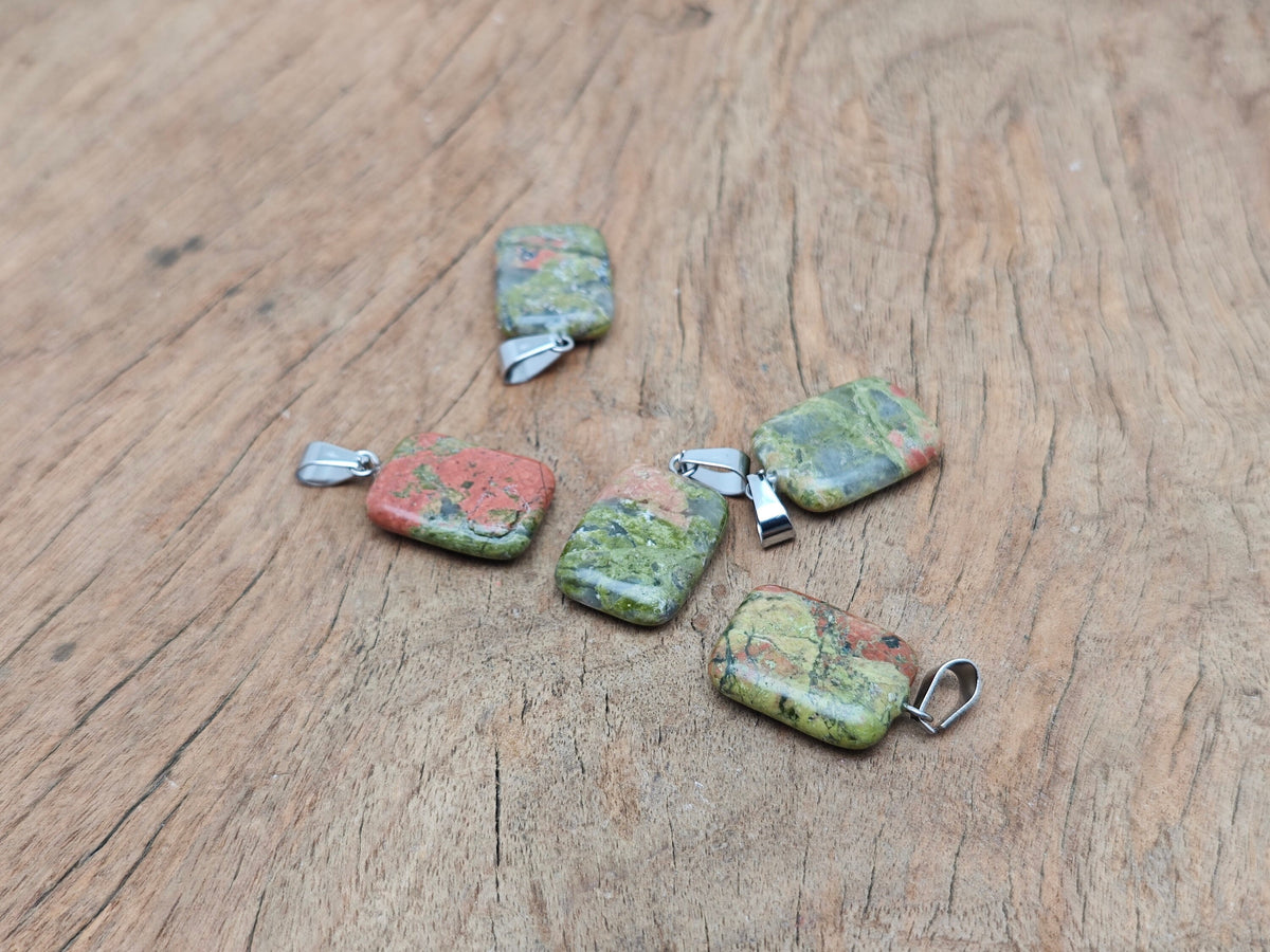Unakite rectangle-shaped crystal pendant from GemstoneGO, showcasing vibrant green and pink hues for jewelry making.