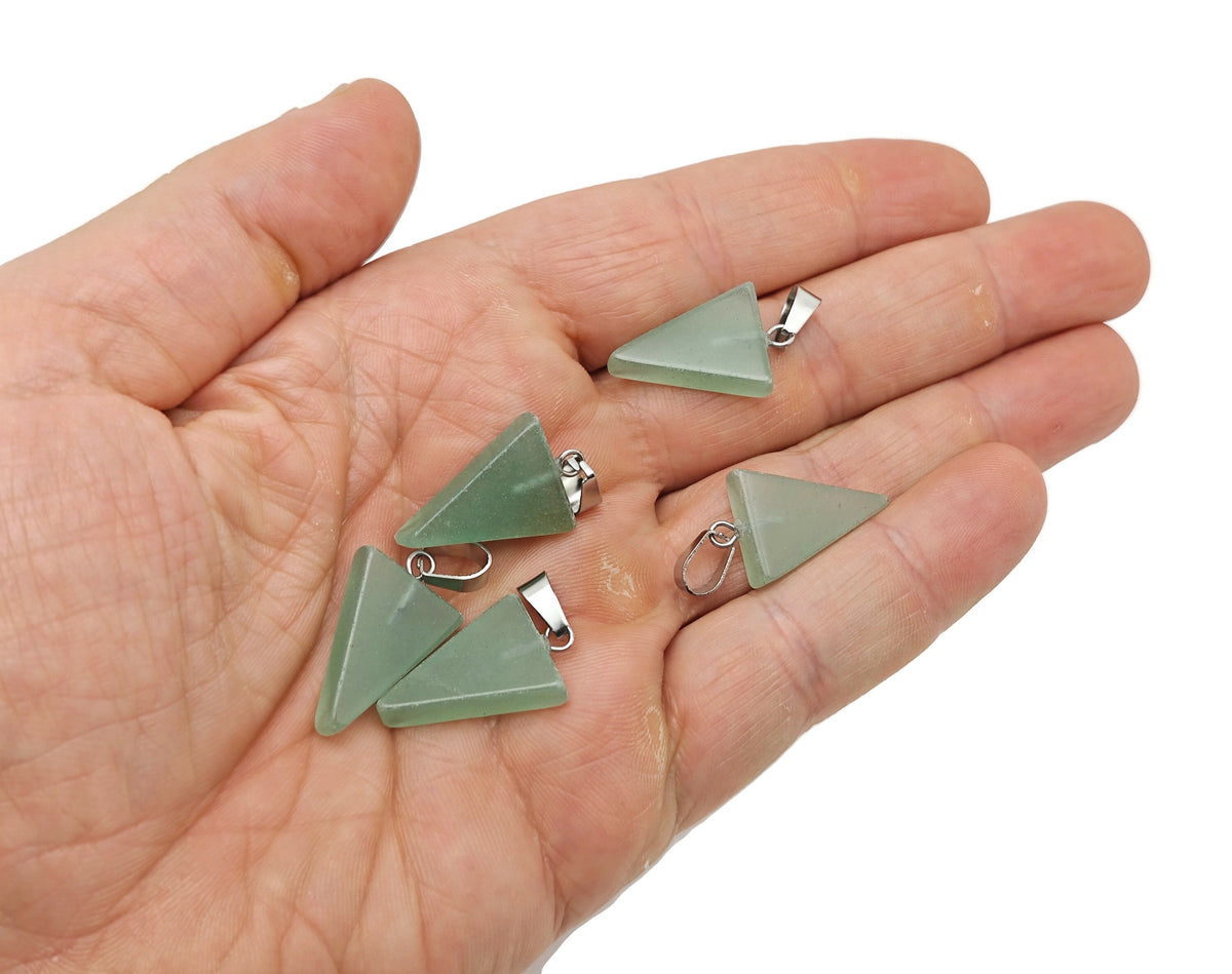 A green aventurine triangle-shaped crystal pendant from GemstoneGO, showing the polished, faceted gemstone on a plain background.