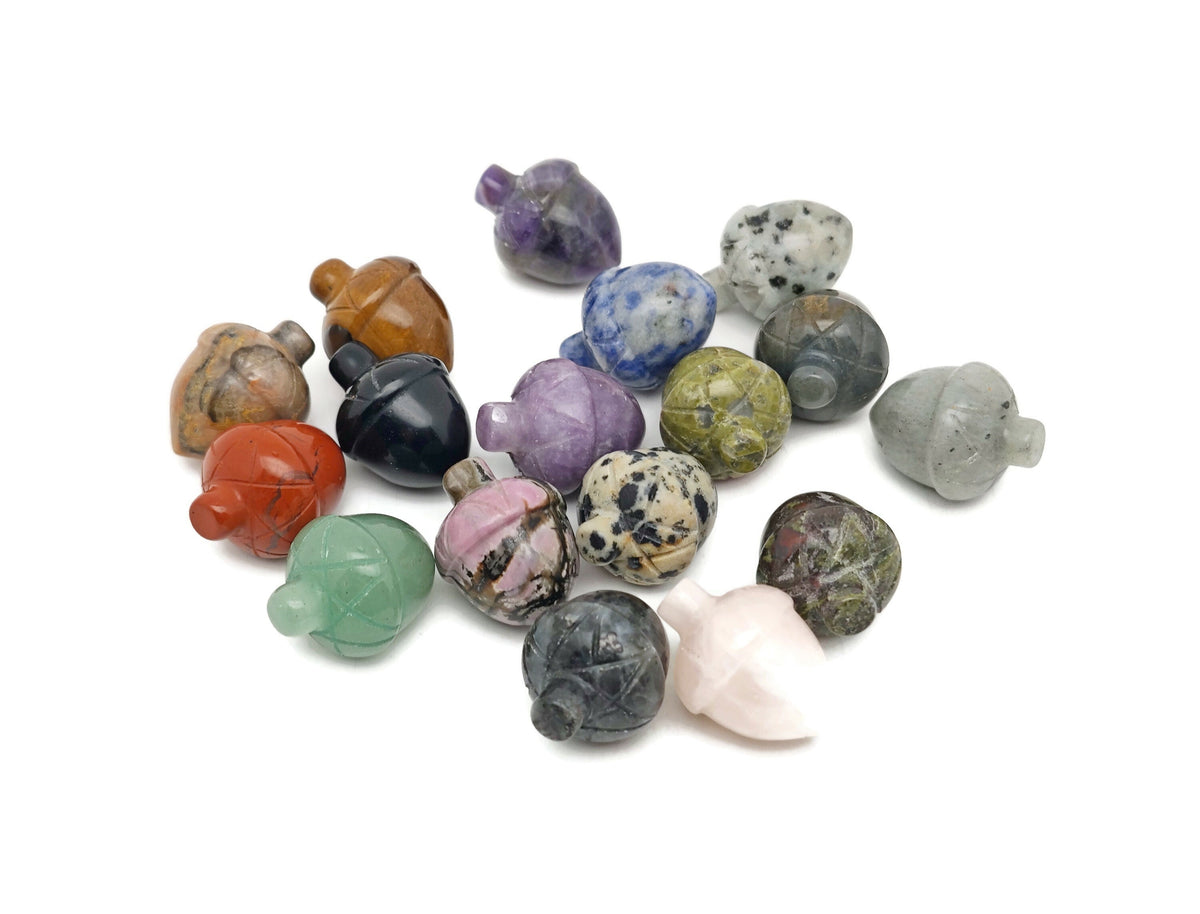 Crystal Acorn carved gemstone from GemstoneGO, 26mm, used for Reiki healing and home crystal decoration, in a mix of colors.