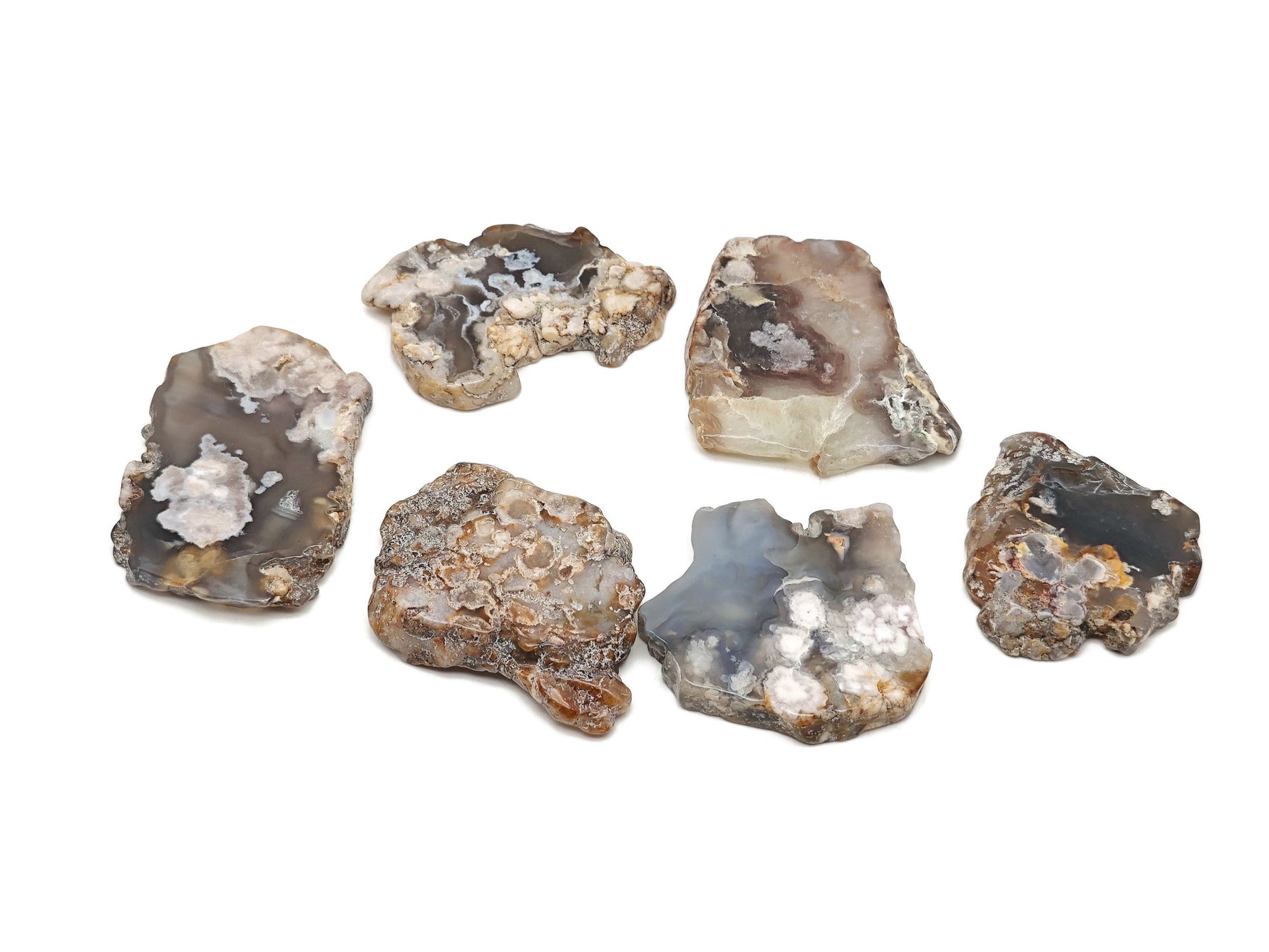 Flower Agate flat gemstone slab with cherry blossom pattern, showcasing vibrant pink and white crystal details.
