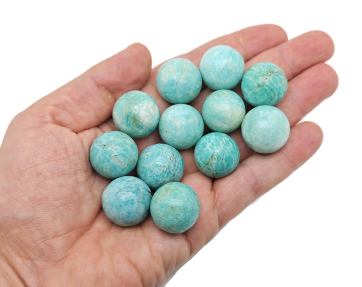 20mm Amazonite gemstone sphere, smooth crystal ball with vibrant blue-green color, by GemstoneGO.