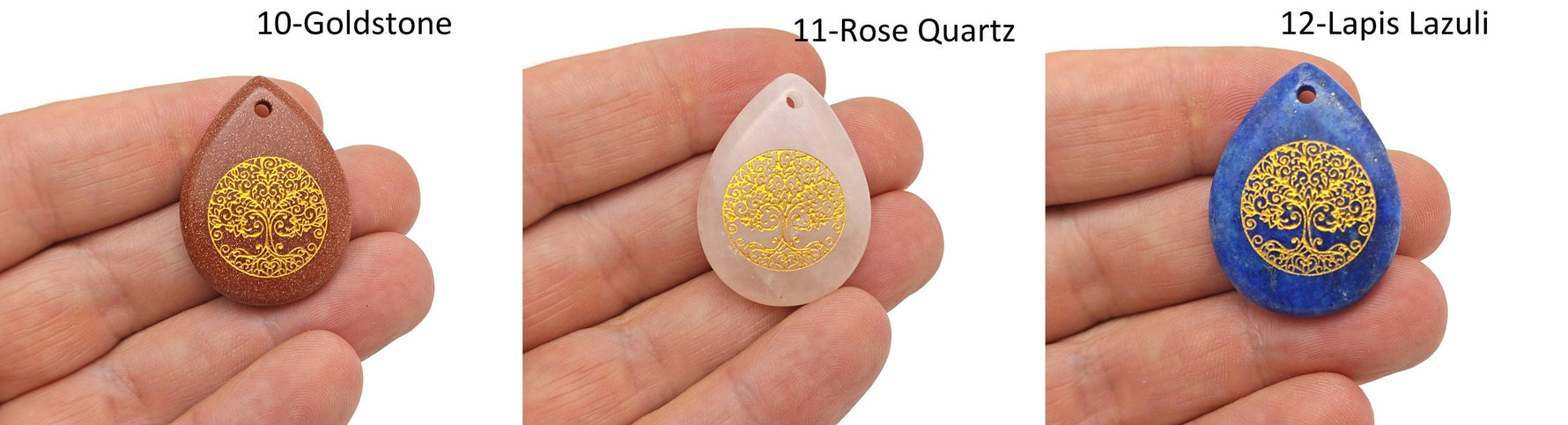 Drilled teardrop crystal pendant with Tree of Life engraving from GemstoneGO, showcasing intricate gemstone craftsmanship.