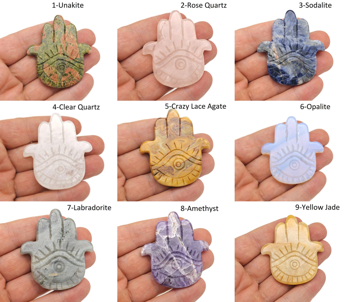 Evil Eye hand gemstone carving, pocket crystal for meditation and chakra healing, from GemstoneGO.