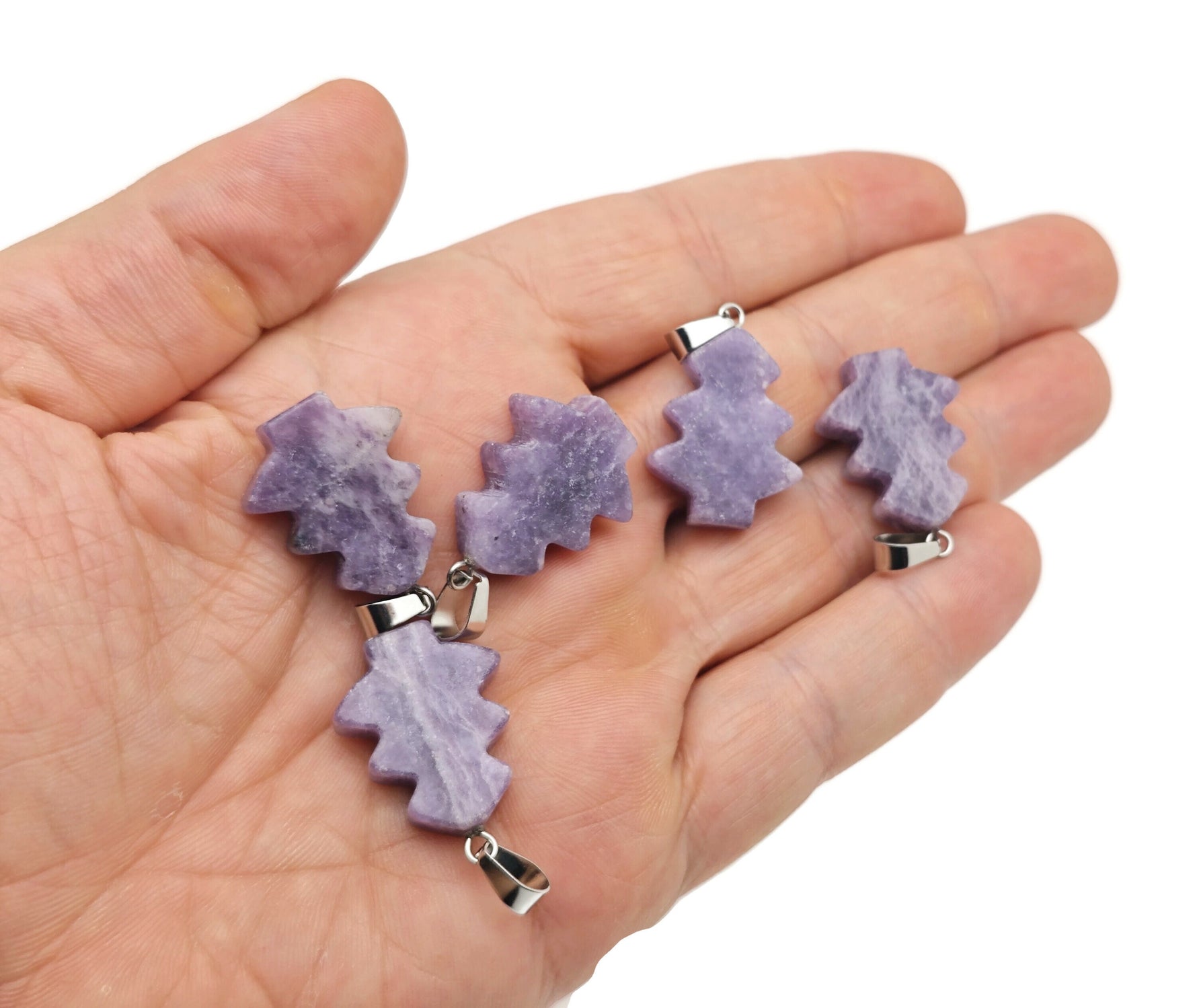 Lepidolite pine tree gemstone pendant from GemstoneGO, mini crystal pendant with purple lepidolite stone and detailed pine tree design.