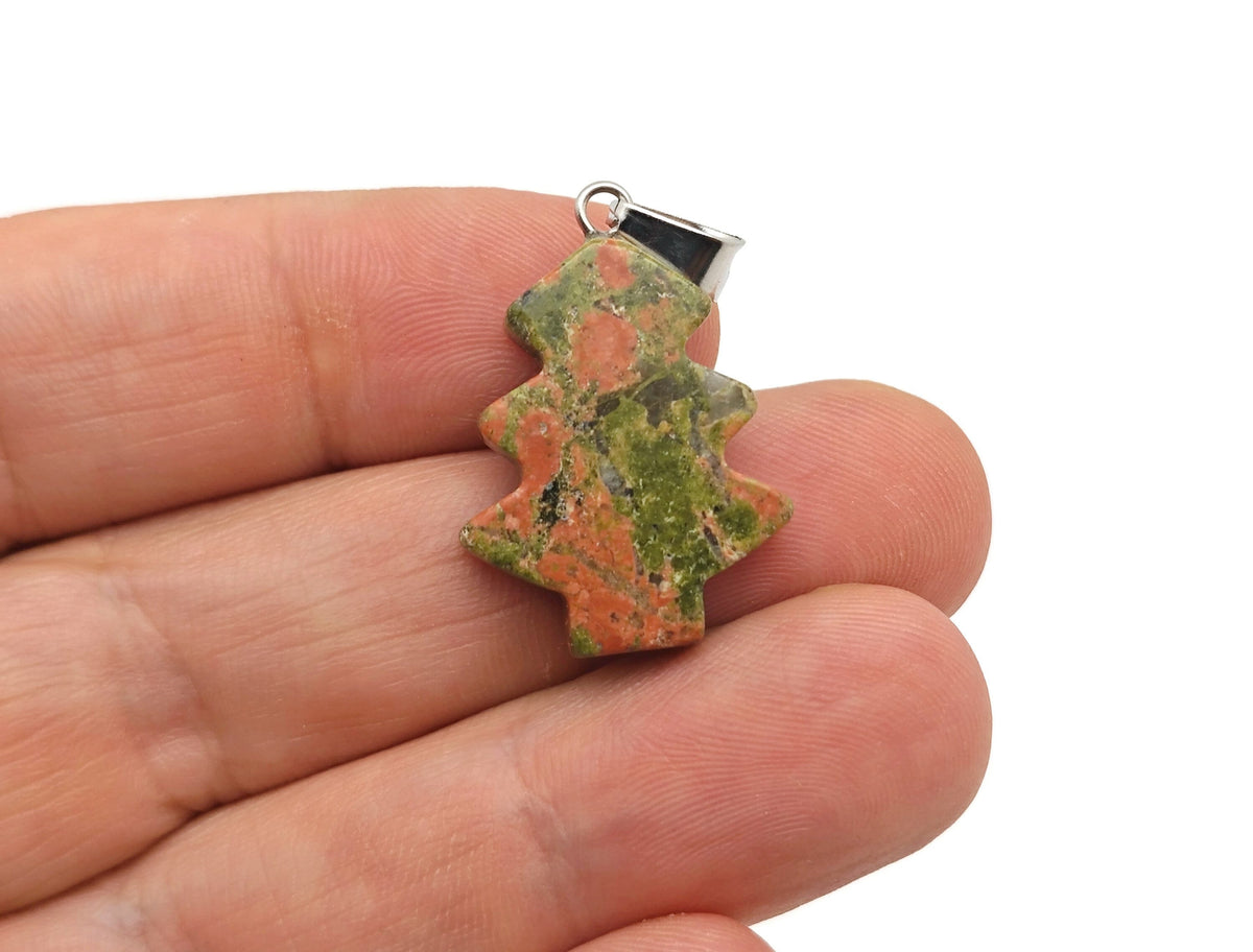 Unakite gemstone pine tree pendant with mini crystal, featuring green and pink hues, jewelry pendant by GemstoneGO