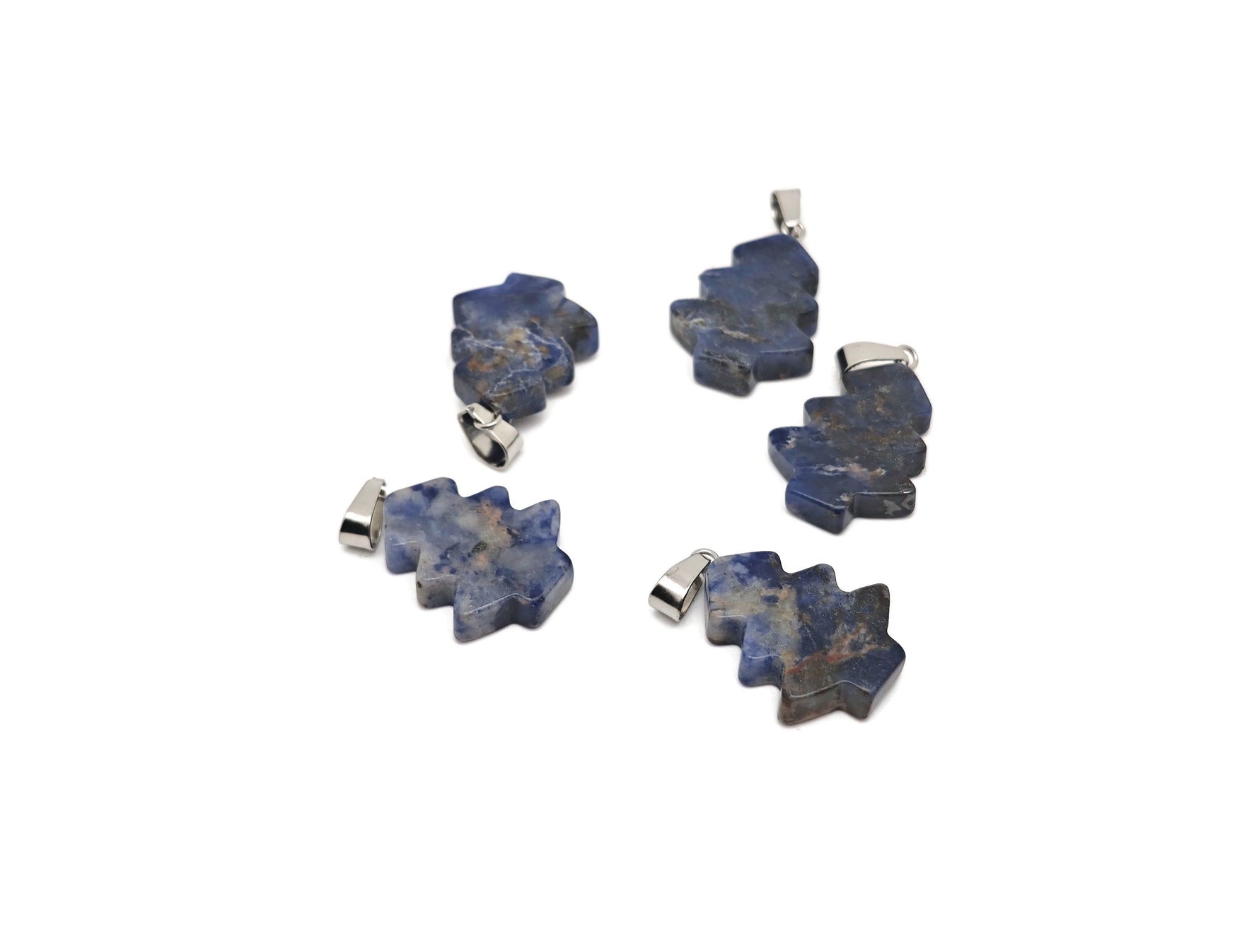 Mini Sodalite Pine Tree gemstone pendant with blue and white crystal details, crafted by GemstoneGO.