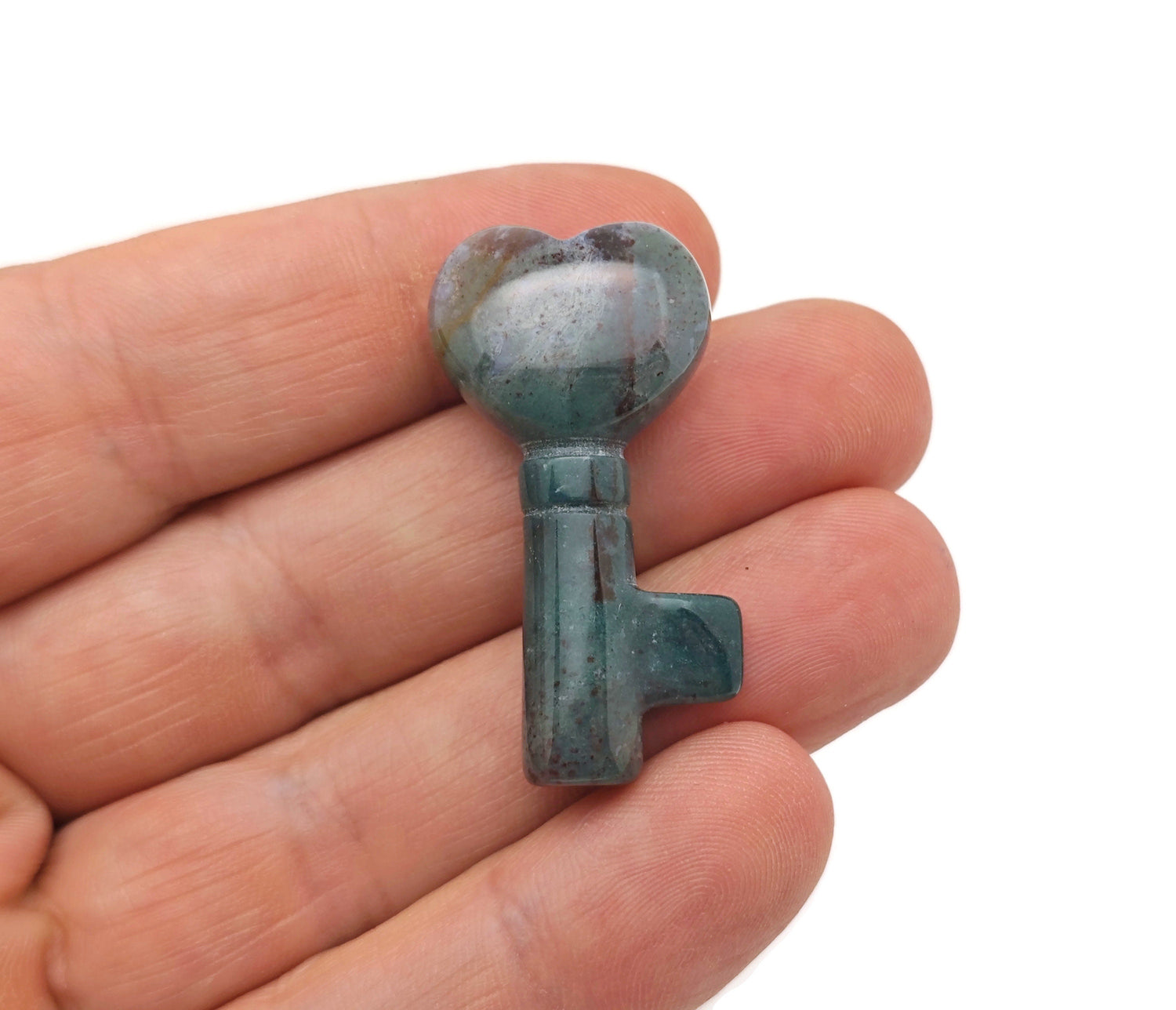Moss Agate gemstone key carving, 40mm, showcasing intricate natural patterns and detailed craftsmanship by GemstoneGO.