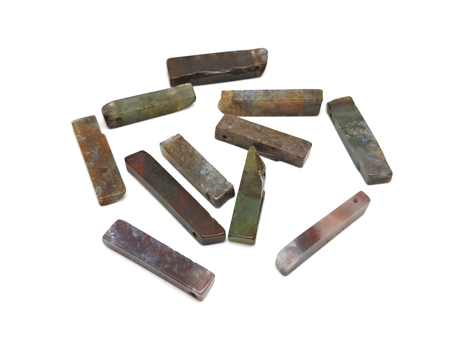 Pierres roulées percées en agate mousse - Pierre roulée à trou rectangulaire - Cristaux pour la création de bijoux - Pierres en vrac - NC1675