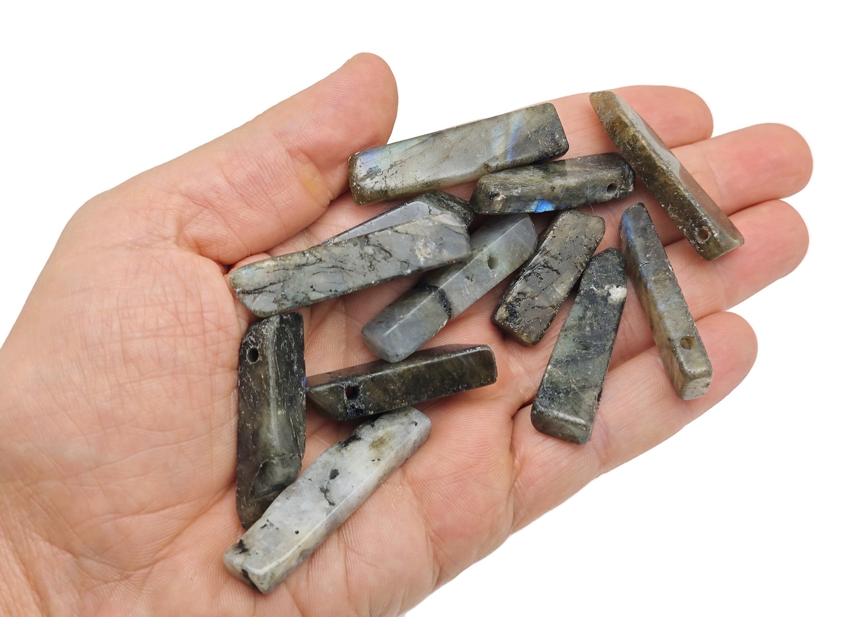 Labradorite drilled tumbled gemstone pendant from GemstoneGO, showcasing iridescent blue and green hues in a polished stone.