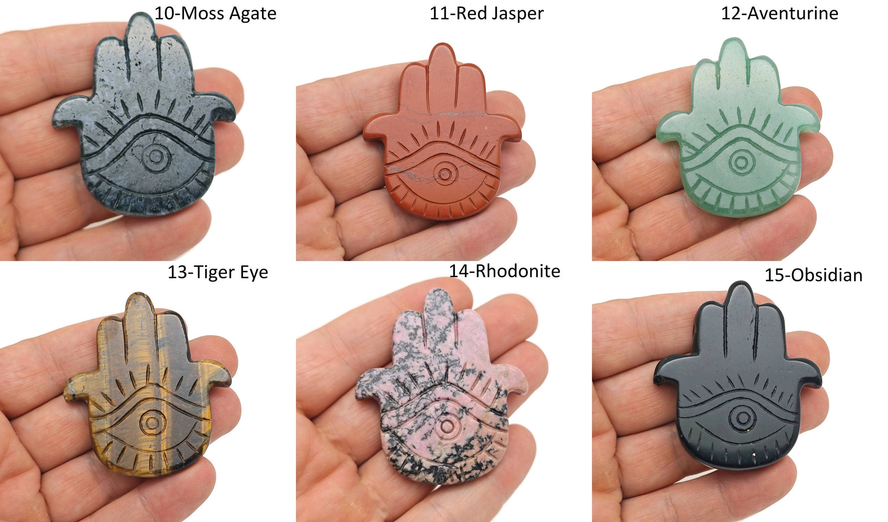 Evil Eye hand gemstone carving pocket crystal with vibrant colors, used for chakra meditation and crystal healing.