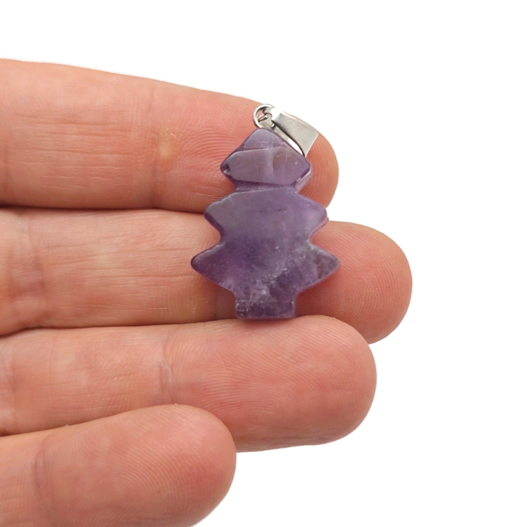 Small amethyst gemstone pine tree pendant by GemstoneGO, featuring a mini crystal design on a silver chain.