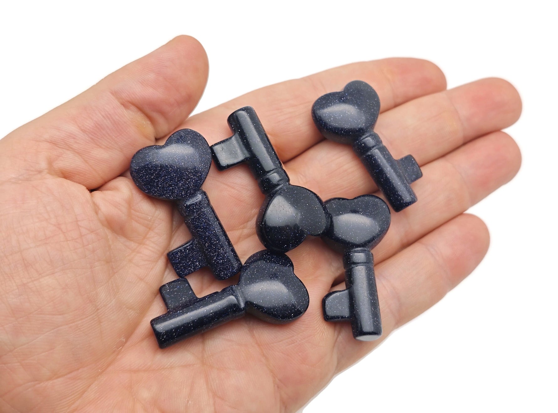 Blue Goldstone key gemstone carving, 40mm, polished decorative piece with vibrant blue and gold flecks, by GemstoneGO.