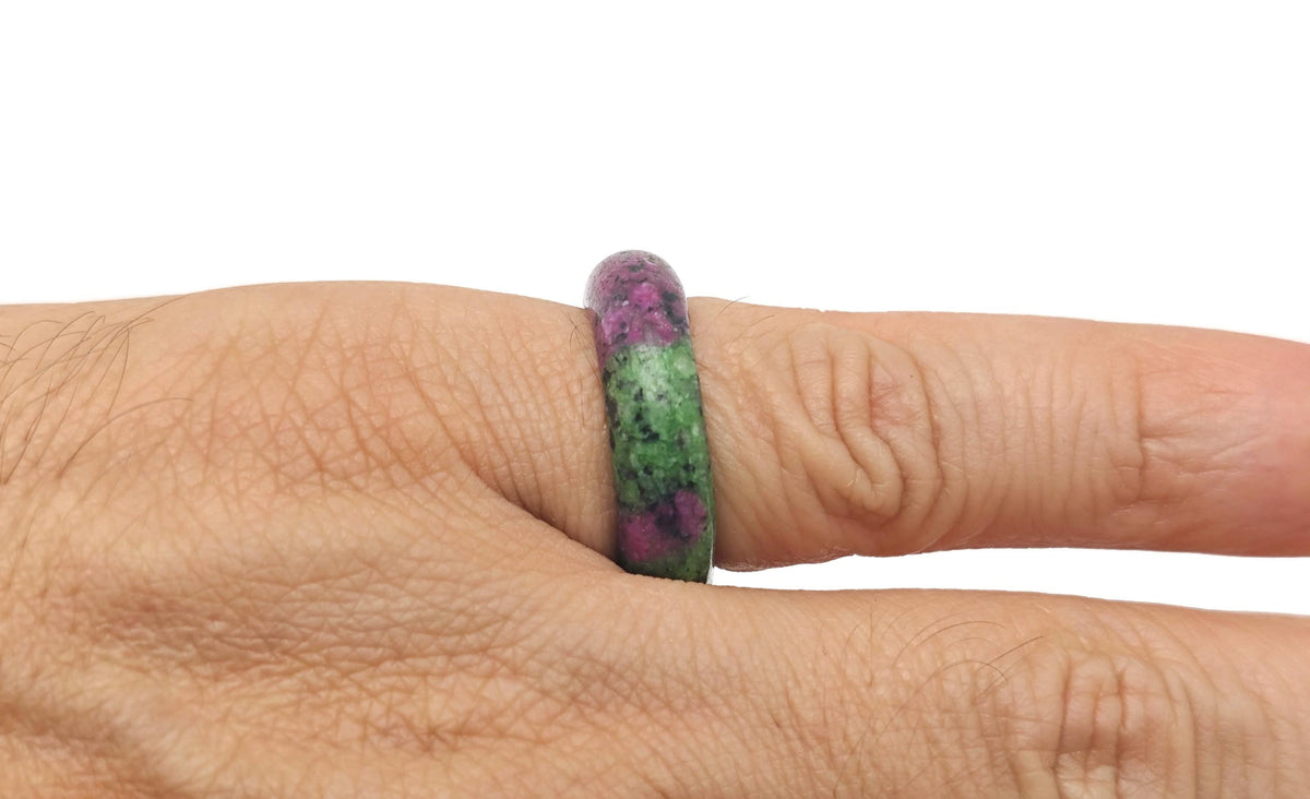 Ruby zoisite crystal ring by GemstoneGO featuring a vibrant, polished gemstone set in a silver band.