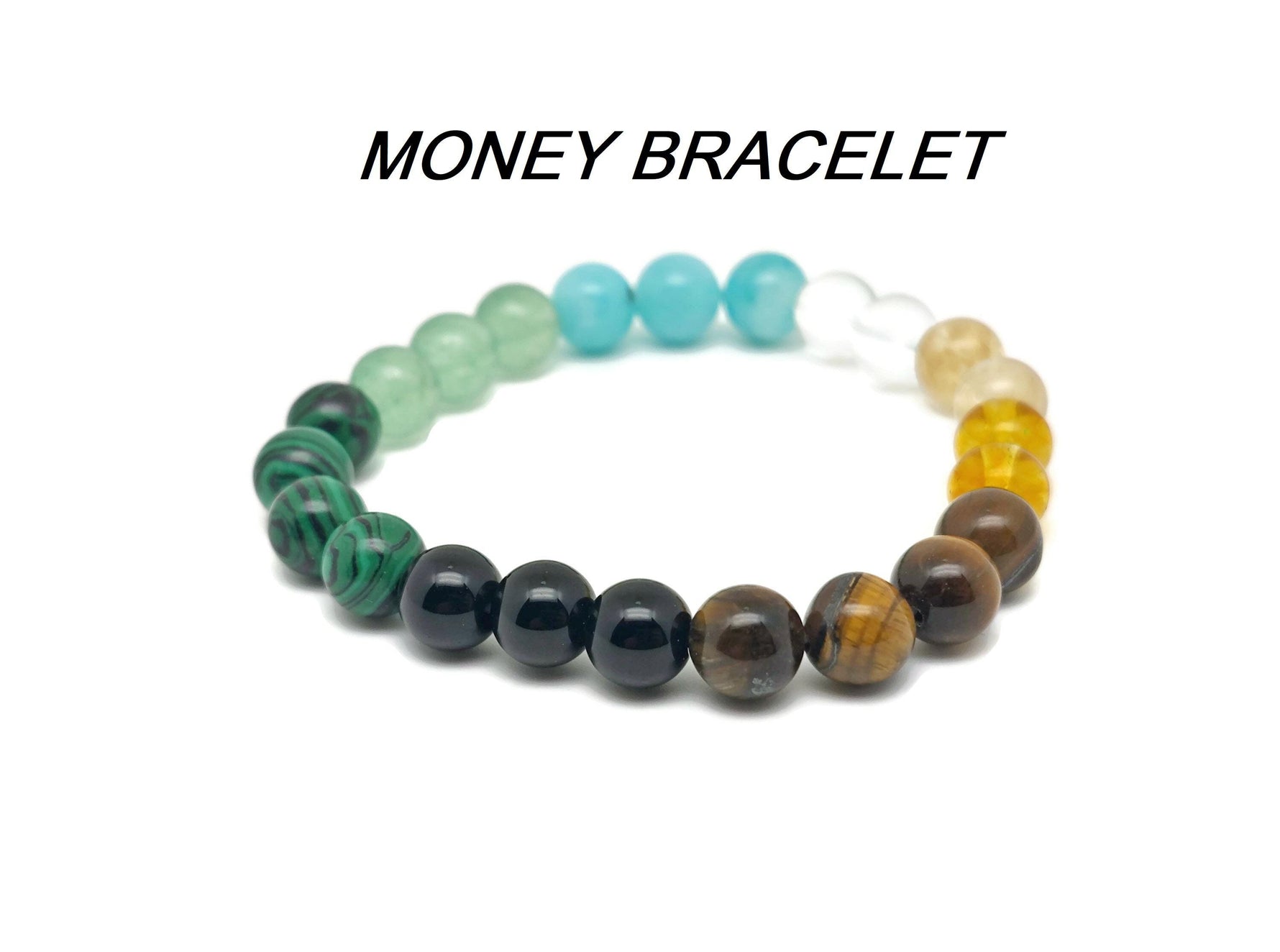 Handmade Money Gemstone Bracelet featuring colorful gemstones on elastic cord, designed for positive intentions and style.