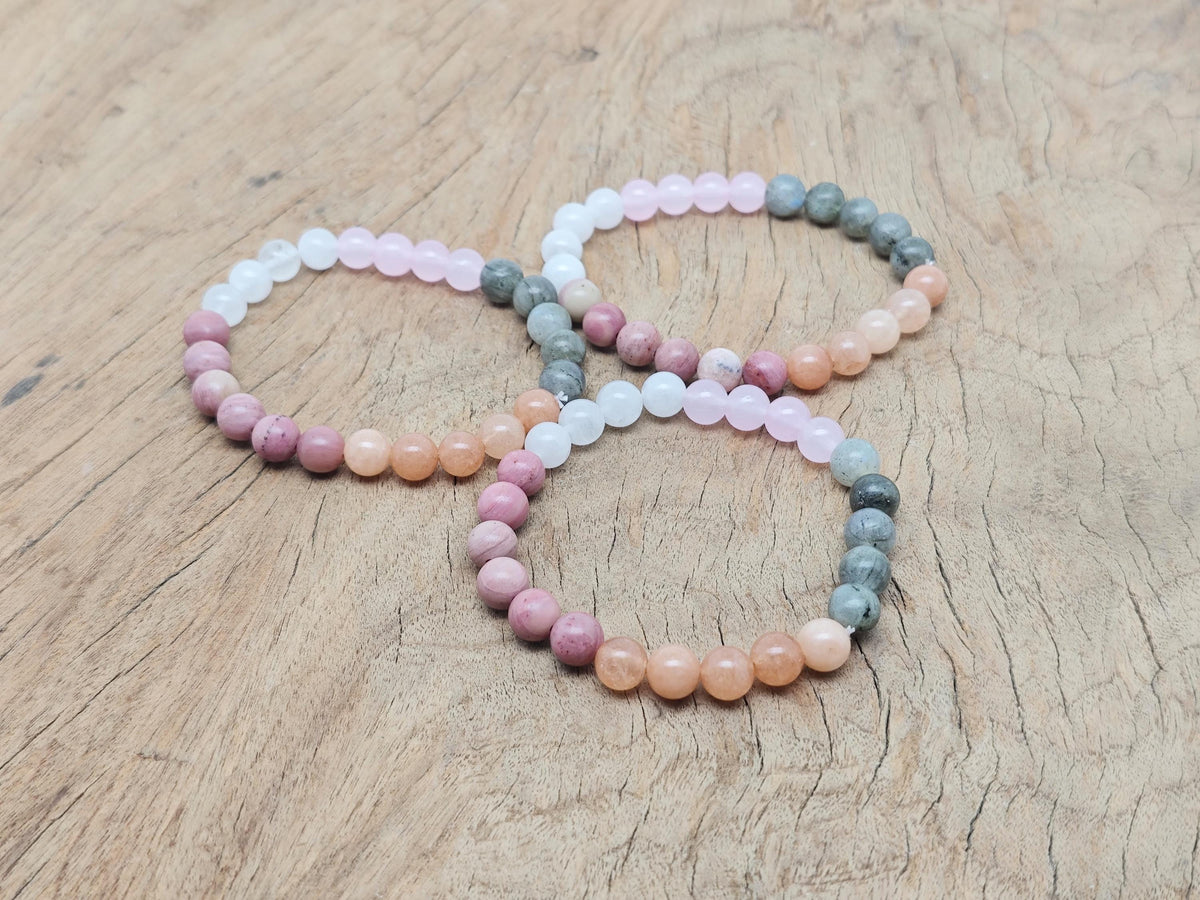 Handmade Power Gemstone Bracelet from GemstoneGO featuring vibrant, polished gemstone beads on an elastic band.
