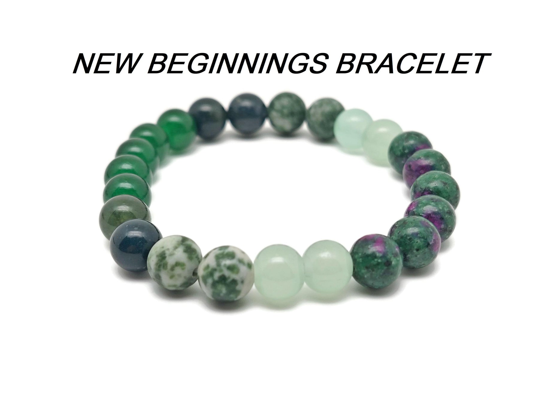 Handmade New Beginnings gemstone bracelet with colorful beads and silver accents, designed for intention and positivity.