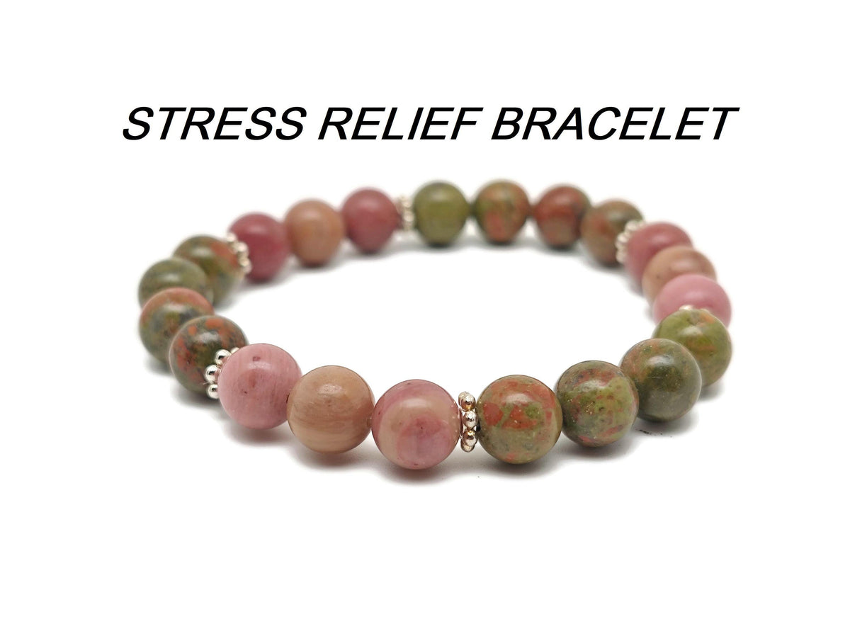 Handmade gemstone bracelet with colorful beads, designed for stress relief and positive intentions, by GemstoneGO.